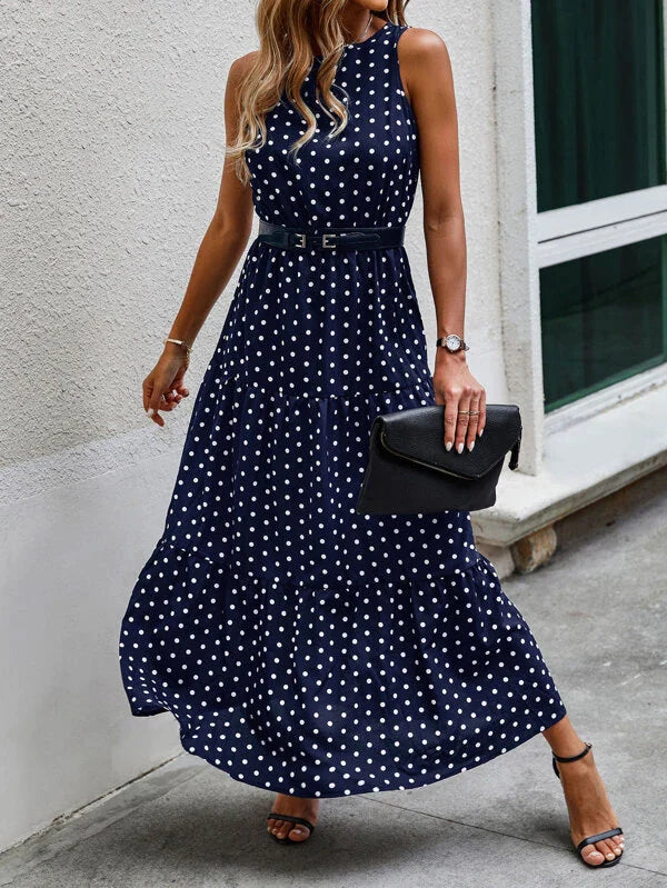 Polka Dot Sleeveless Ruffle Hem A-line Dress