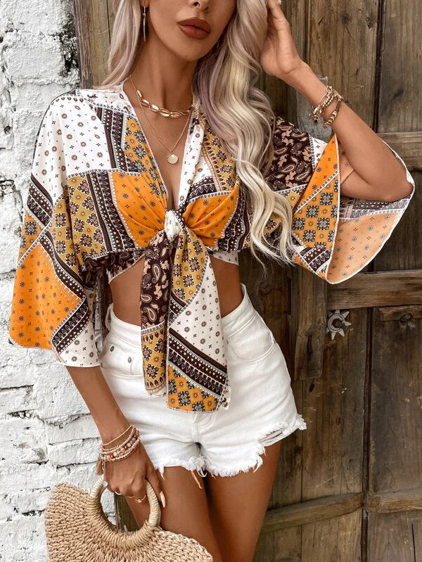 Paisley Scarf Print Tie Front Crop Top