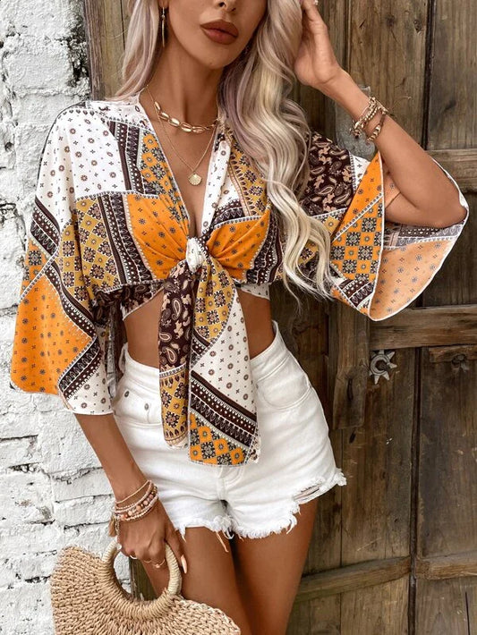 Paisley Scarf Print Tie Front Crop Top