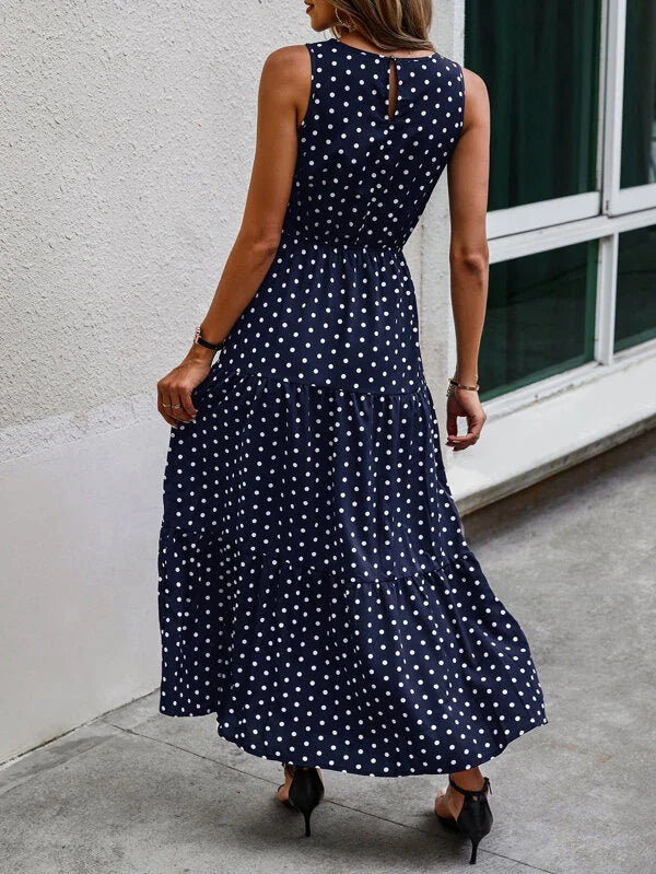 Polka Dot Sleeveless Ruffle Hem A-line Dress