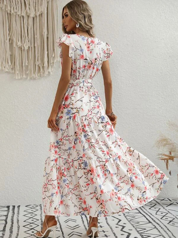 Floral Print Butterfly Sleeve Ruffle Hem Belted Dress