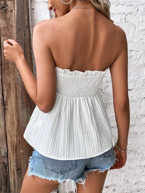 Frill Trim Knot Front Peplum Tube Top