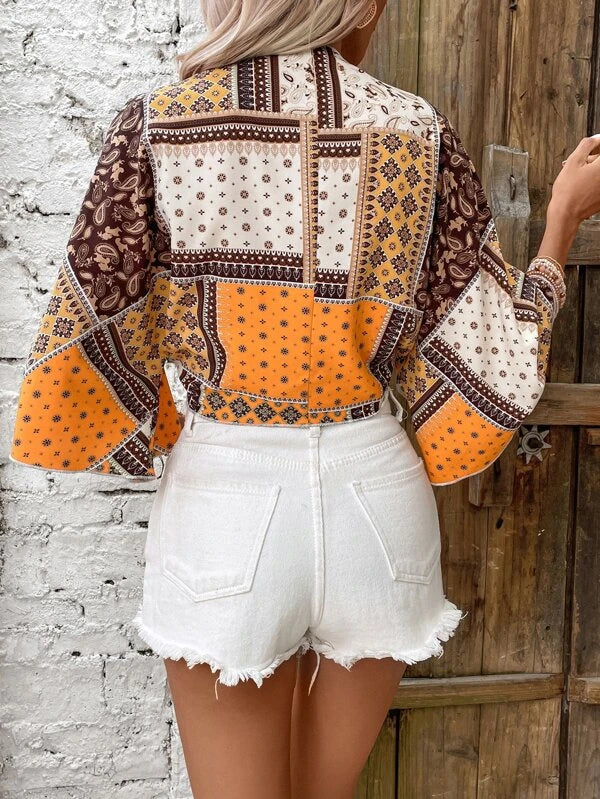 Paisley Scarf Print Tie Front Crop Top