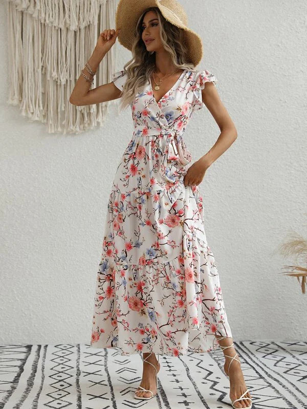 Floral Print Butterfly Sleeve Ruffle Hem Belted Dress