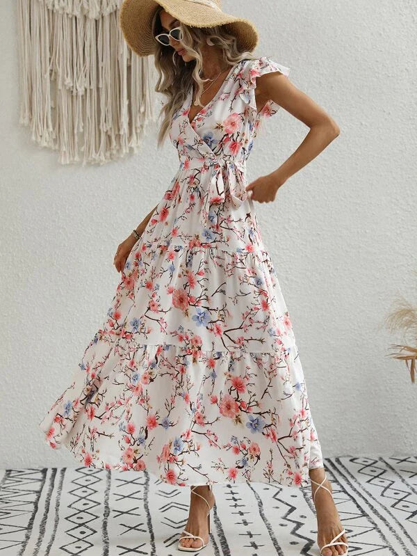 Floral Print Butterfly Sleeve Ruffle Hem Belted Dress