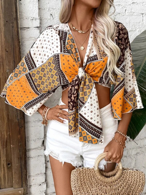 Paisley Scarf Print Tie Front Crop Top