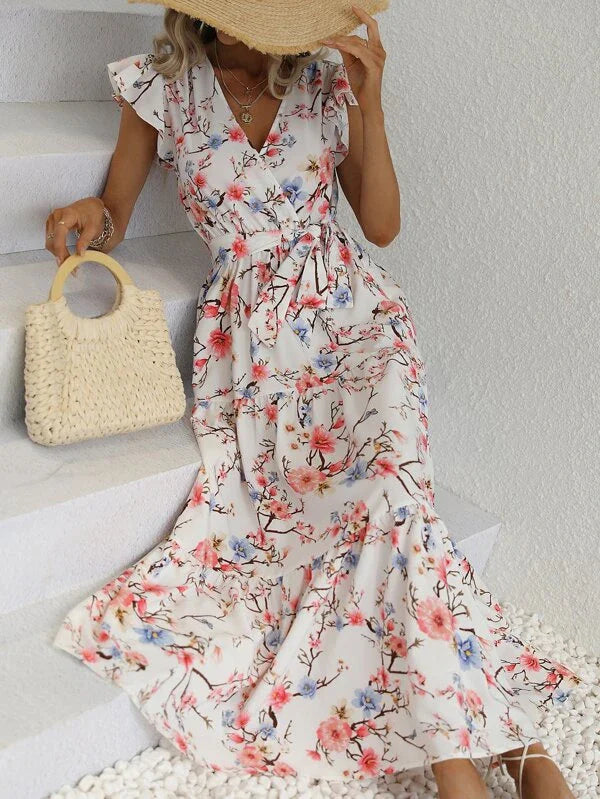 Floral Print Butterfly Sleeve Ruffle Hem Belted Dress