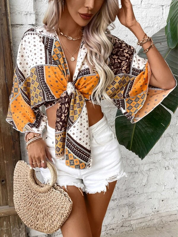 Paisley Scarf Print Tie Front Crop Top