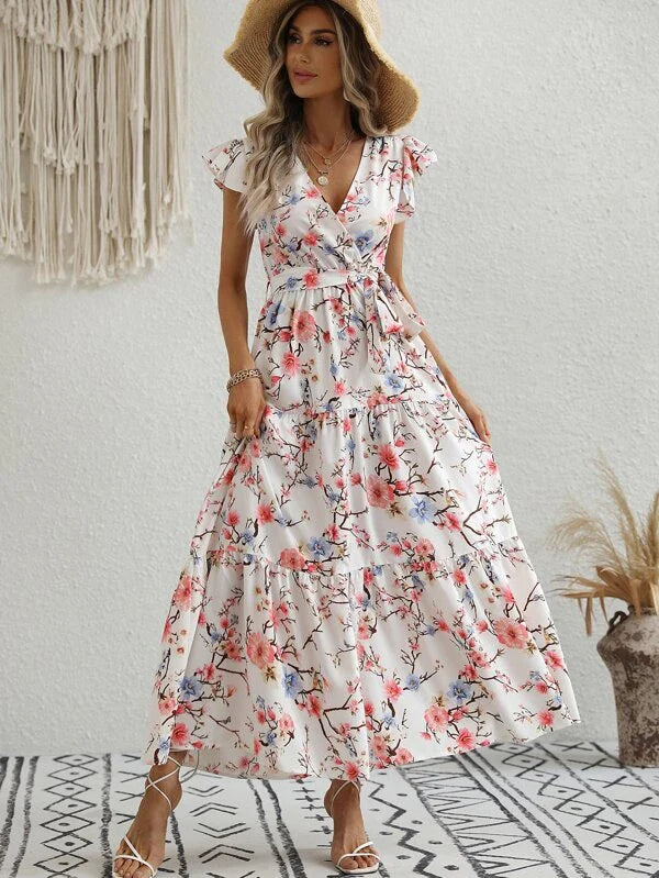 Floral Print Butterfly Sleeve Ruffle Hem Belted Dress